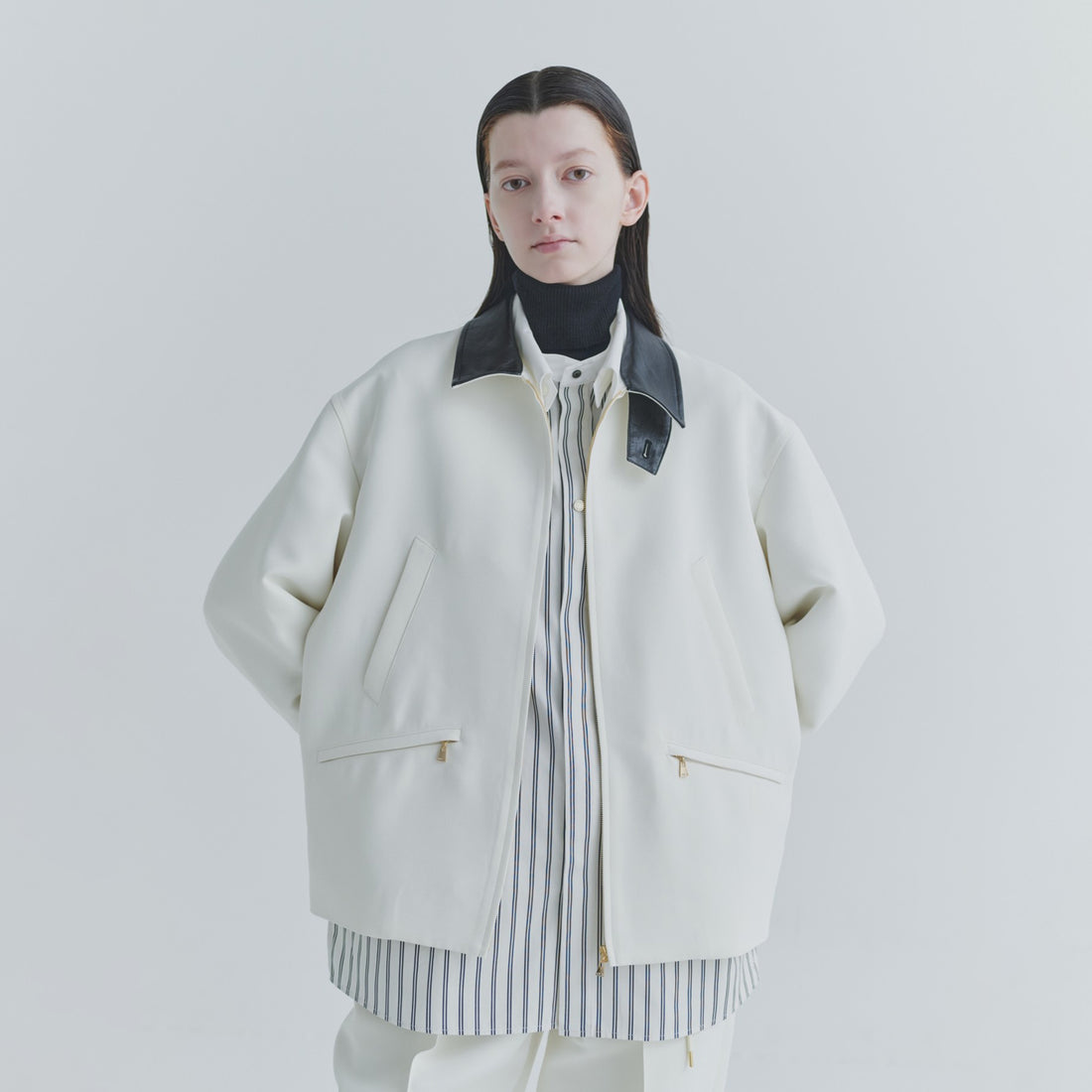 [CULLNI] Structured Twill Double Cloth Lether Collar Blouson (26-AW-028)