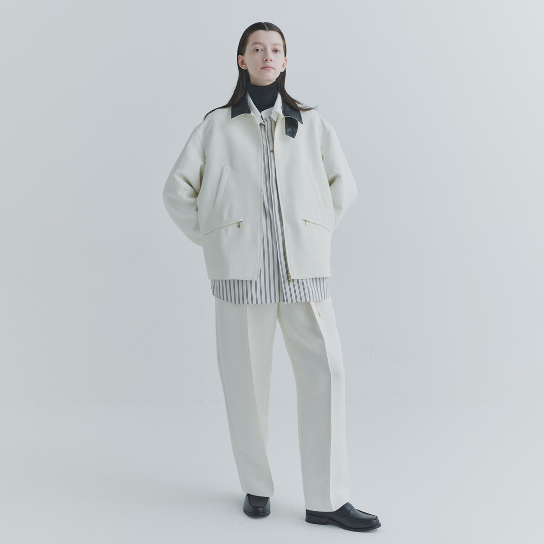 [CULLNI] Structured Twill Double Cloth Lether Collar Blouson (26-AW-028)