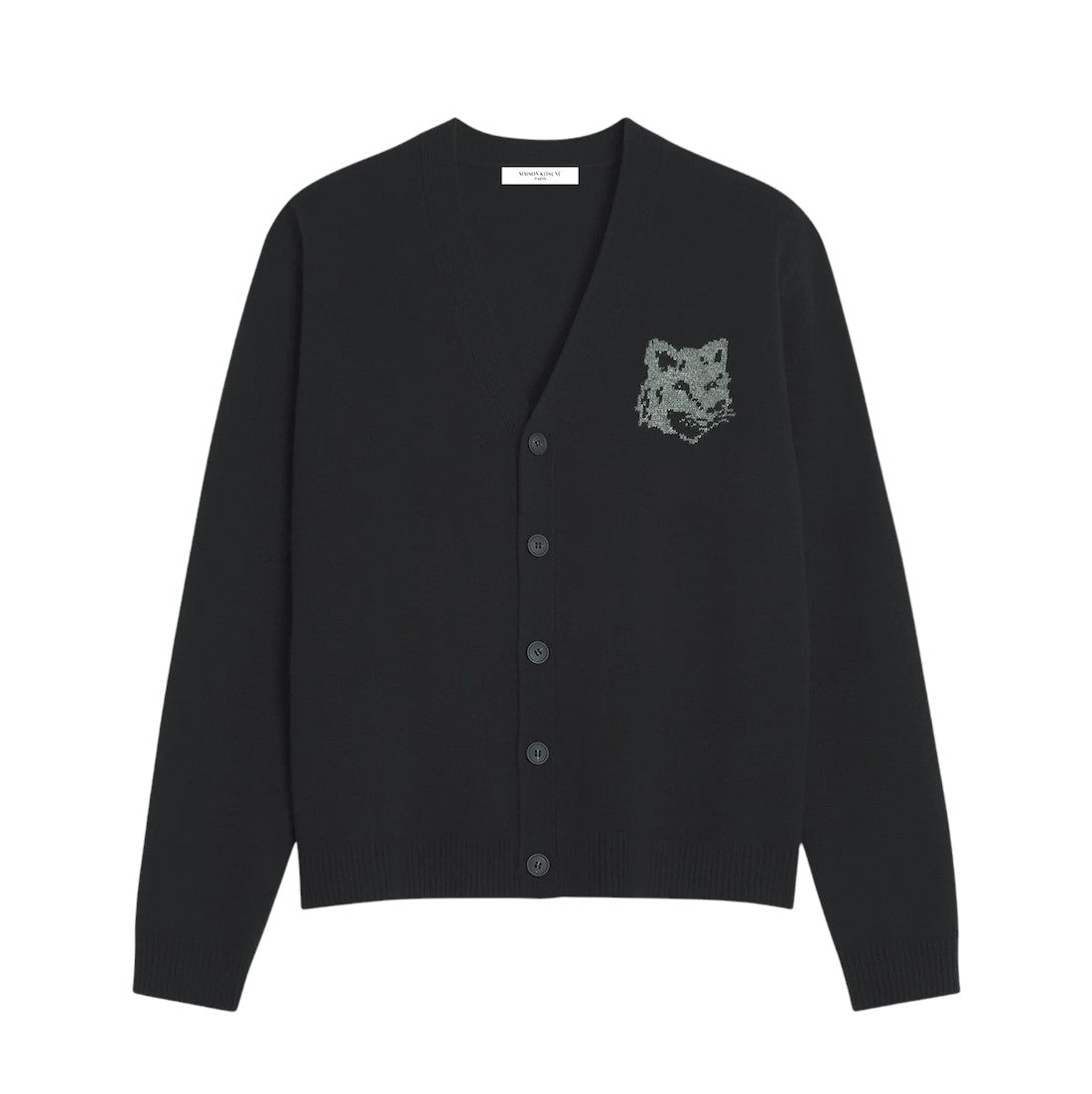 MAISON KITSUNE]FOX HEAD INTARSIA MERINO CARDIGAN/black/medium grey