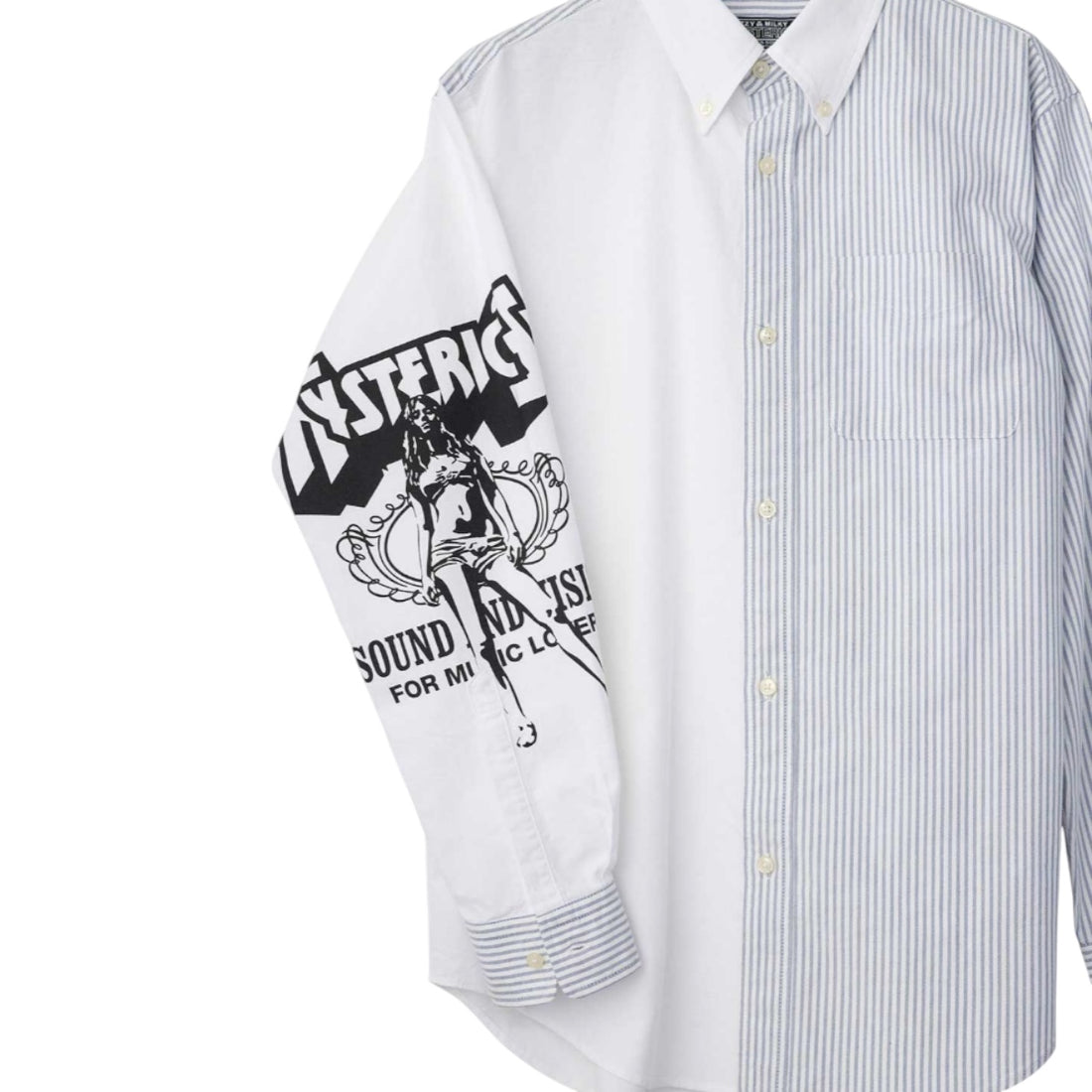 [HYSTERIC GLAMOUR]BAD ASS WHISKY ボタンダウンシャツ/OFF WHITE/BLUE STRIPE(02261AH05)