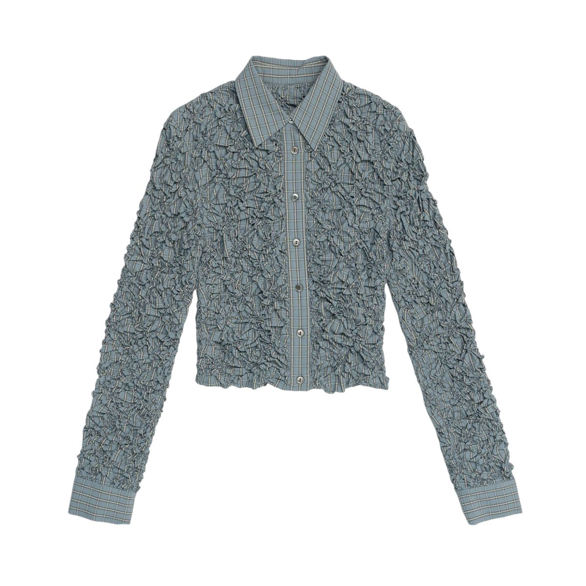 MAISON SPECIAL]Checkered Shirring Short Length Shirt/BLUE