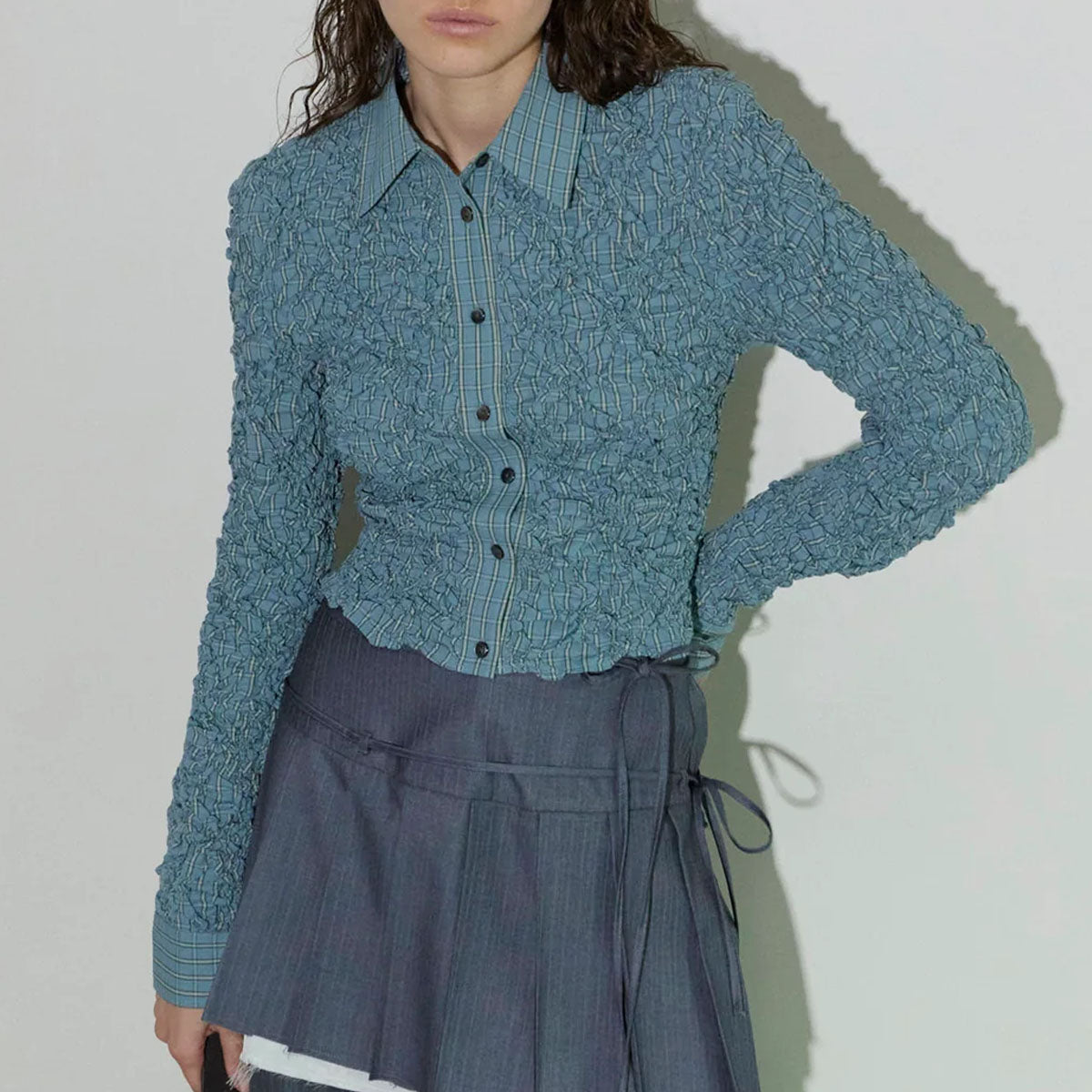 MAISON SPECIAL]Checkered Shirring Short Length Shirt/BLUE