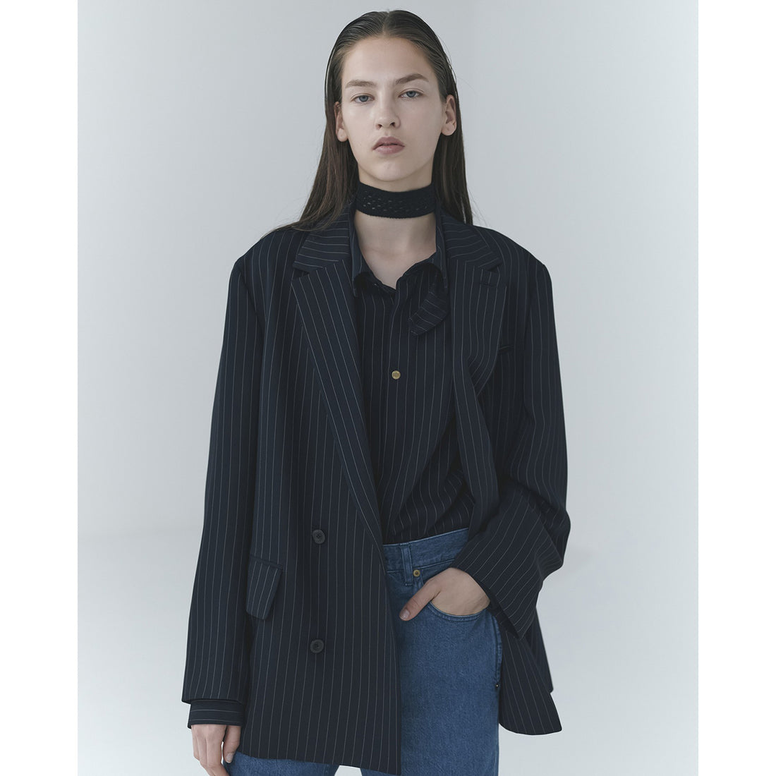 [CULLNI] Stripe Double Cloth Button-Tab Pocket Tailored Jacket (26-SS-012C)