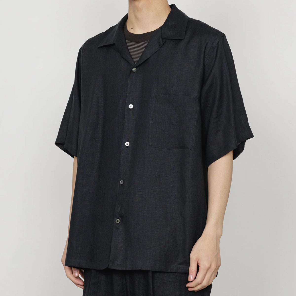 MARKAWARE]HEMP SHIRTING NEW OPEN COLLAR S/S SHIRT/BLACK
