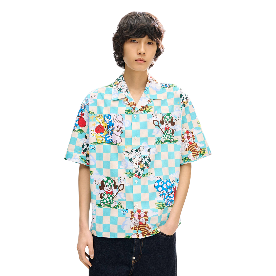 [KENZO] 'KENZO CARTOON' ハワイアンショートスリーブシャツインコットンシアサッカー / Aqua (FG55CH1359T2)