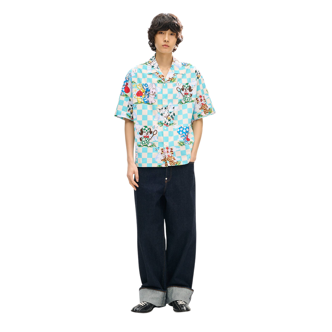 [KENZO] 'KENZO CARTOON' ハワイアンショートスリーブシャツインコットンシアサッカー / Aqua (FG55CH1359T2)