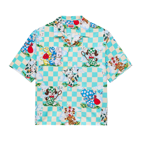 [KENZO] 'KENZO CARTOON' ハワイアンショートスリーブシャツインコットンシアサッカー / Aqua (FG55CH1359T2)