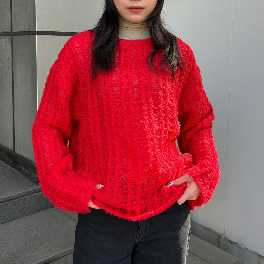 [CLANE]SHEER SHAGGY LOOSE KNIT TOPS/RED(19106-2082)