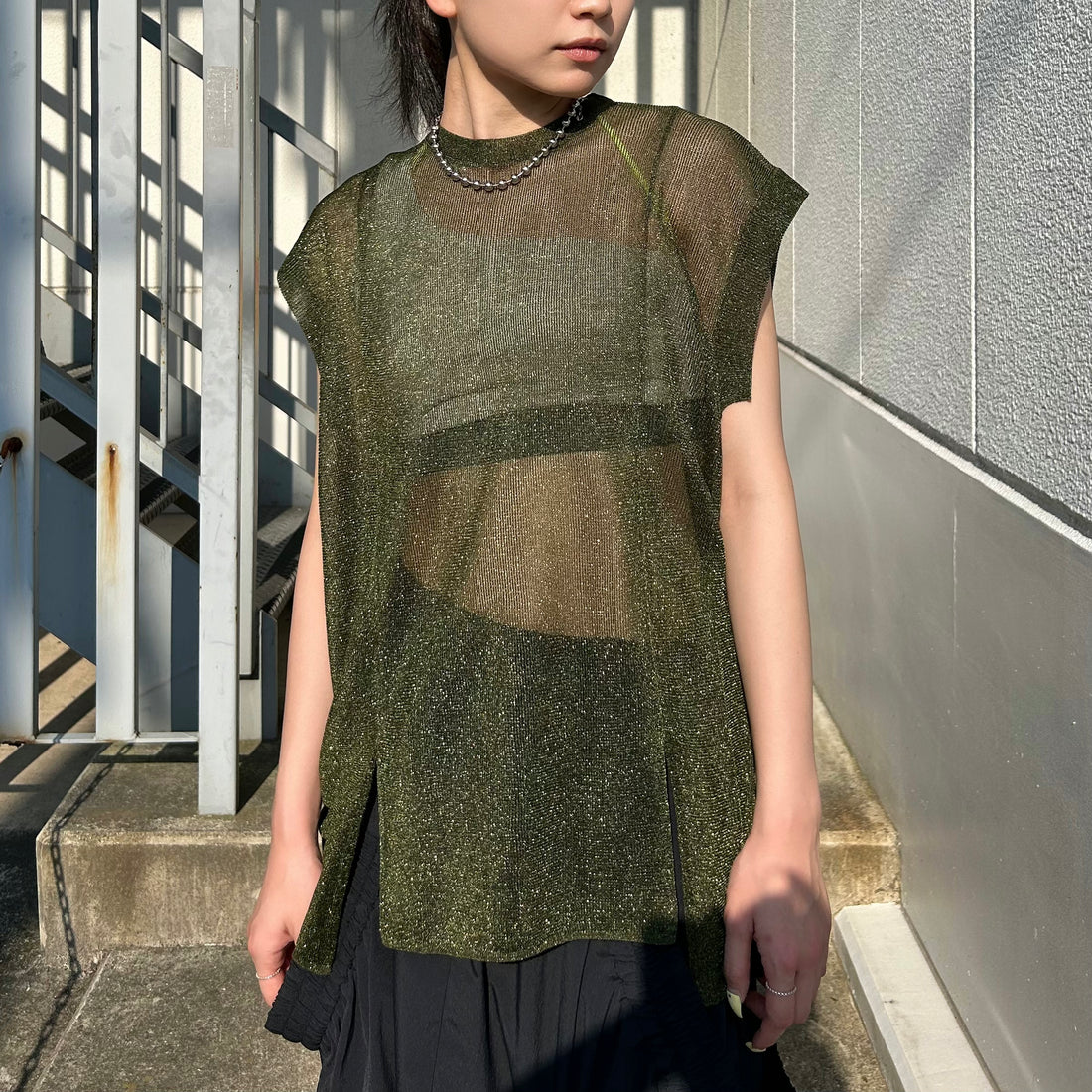 [UN3D]SHEER SLEEVELESS KT TOP/KHAKI(522542600101)
