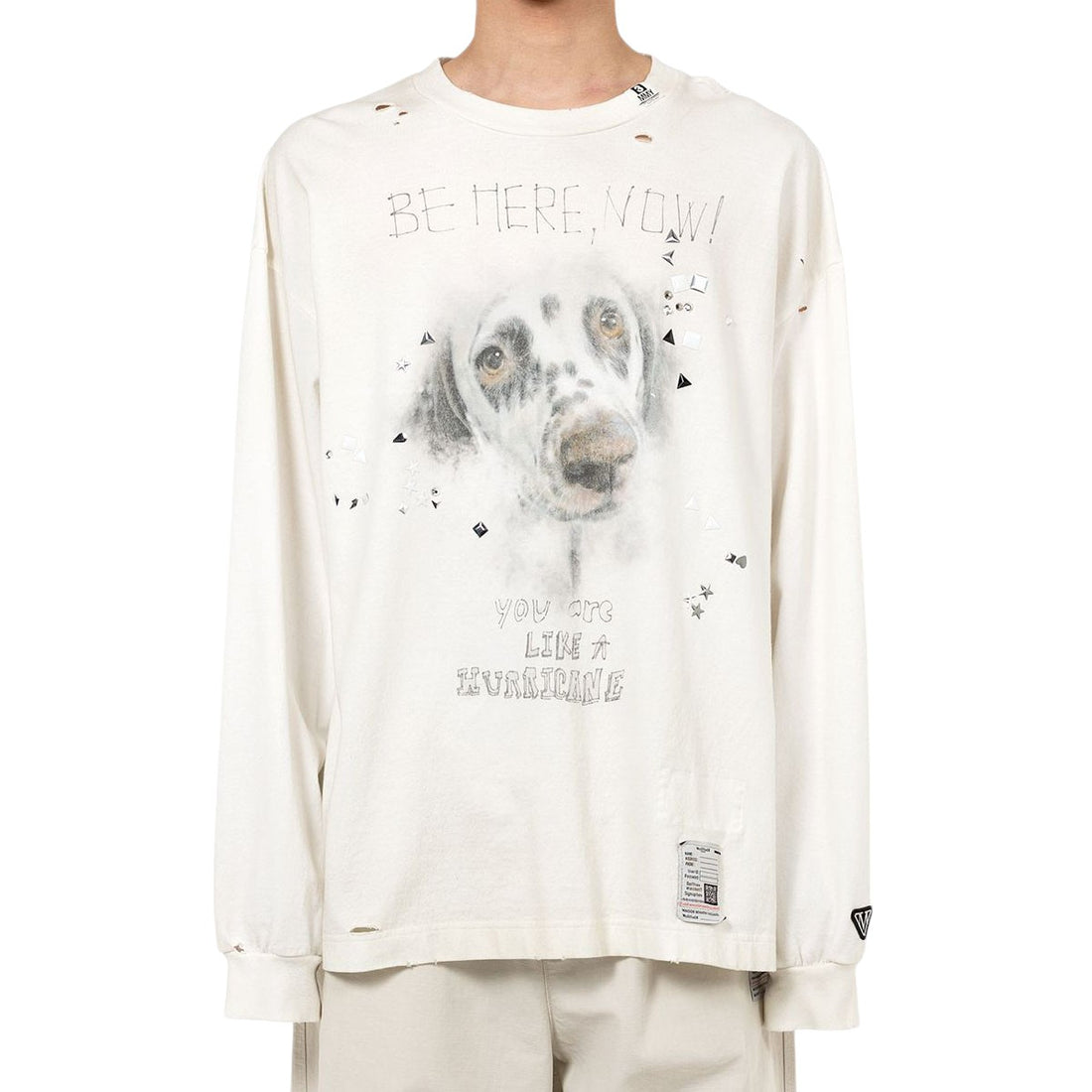 [MAISON MIHARA YASUHIRO]Dog Printed Embellished Distressed Long Sleeve T-shirt/WHITE(J15LT751)