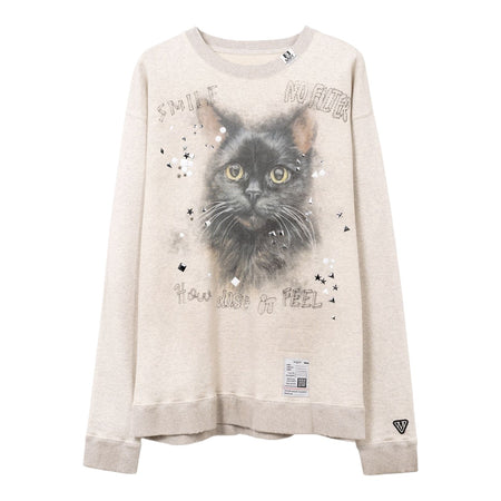 [MAISON MIHARA YASUHIRO]Cat Printed Embellished Distressed Sweatshirt/WHITE(J15PO723)