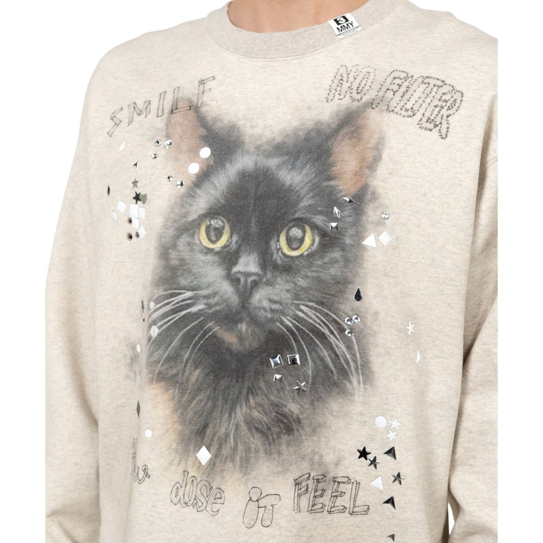 [MAISON MIHARA YASUHIRO]Cat Printed Embellished Distressed Sweatshirt/WHITE(J15PO723)