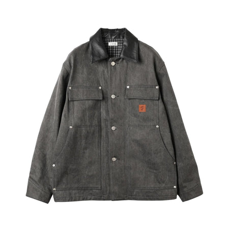 [JieDa]LEATHER COLLAR FADE COVERALL/BLACK(Jie-25W-JK06)