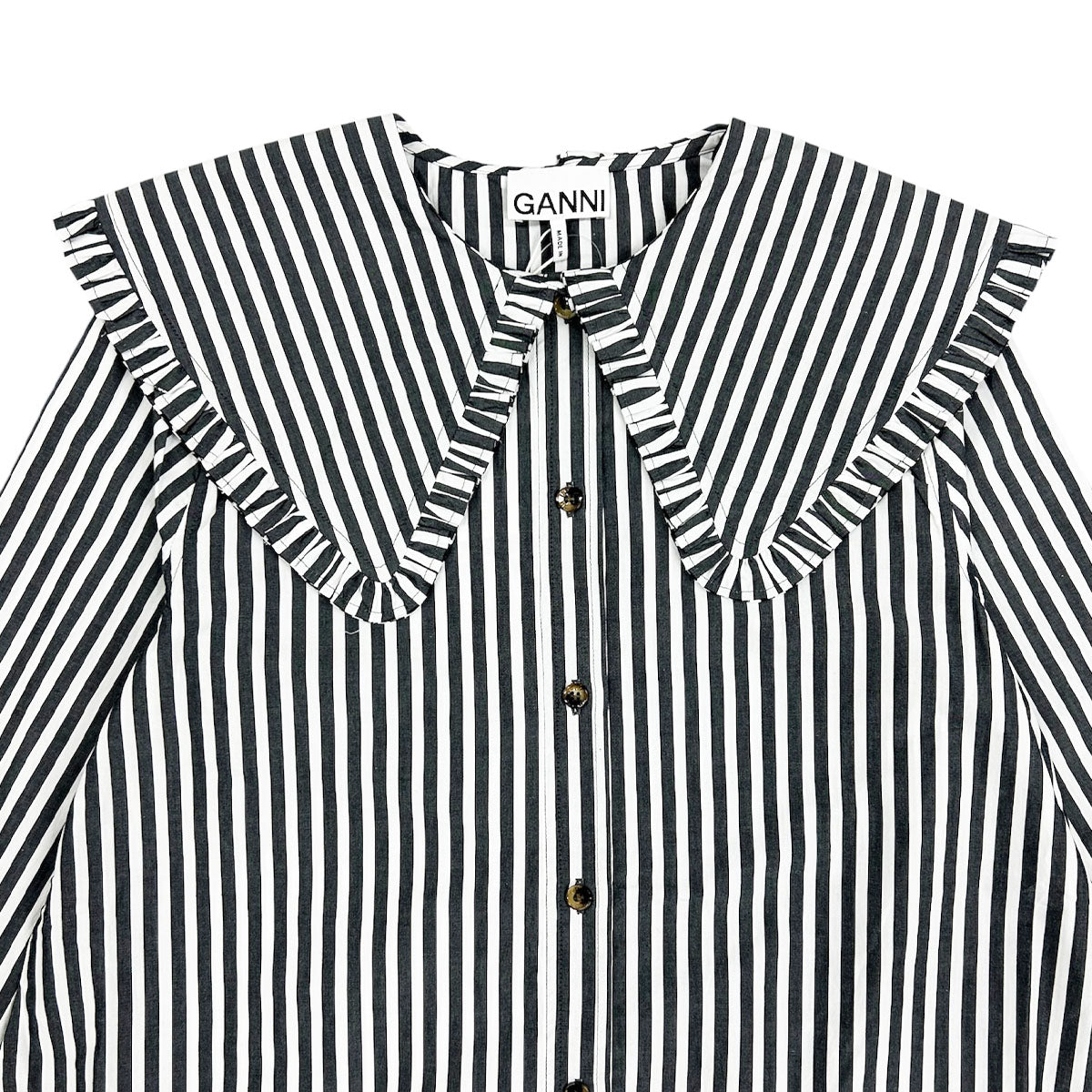 GANNI]Stripe Cotton Big Collar Mini Shirt Dress/BLACK(W0098