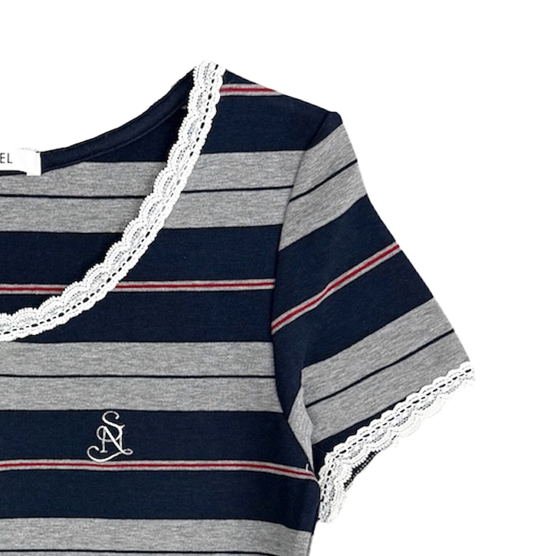 [SNIDEL]レースデザインヘンリーネックTシャツ/NAVY(SWCT261221)
