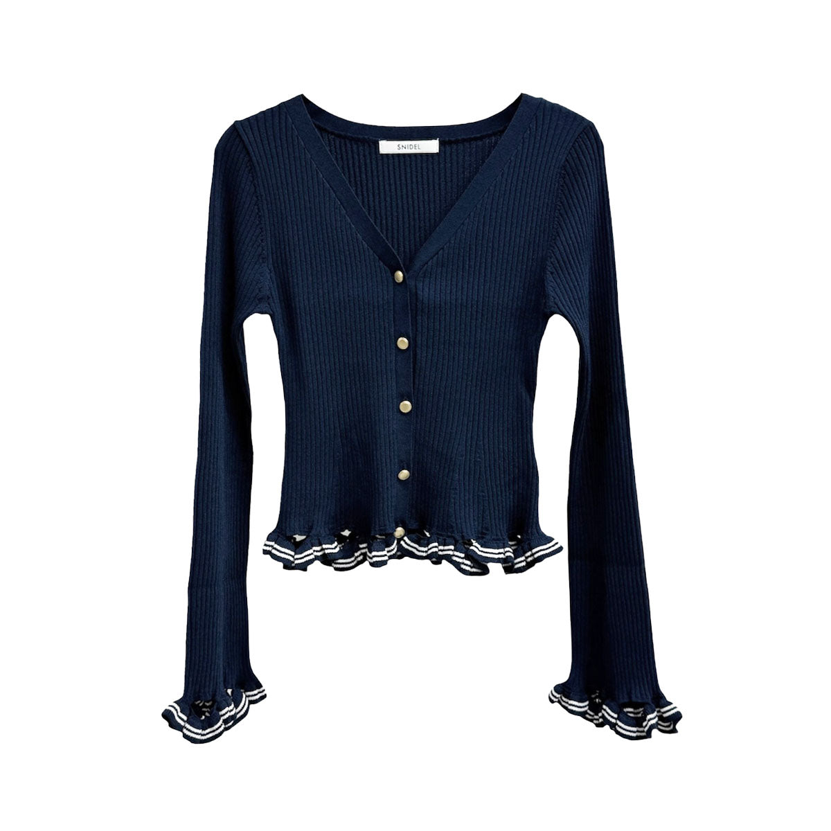 snidel フリルニットカーディガン ネイビー SNIDEL]ボーダーフリルカーデ/NAVY(SWNT261205) – R&Co.