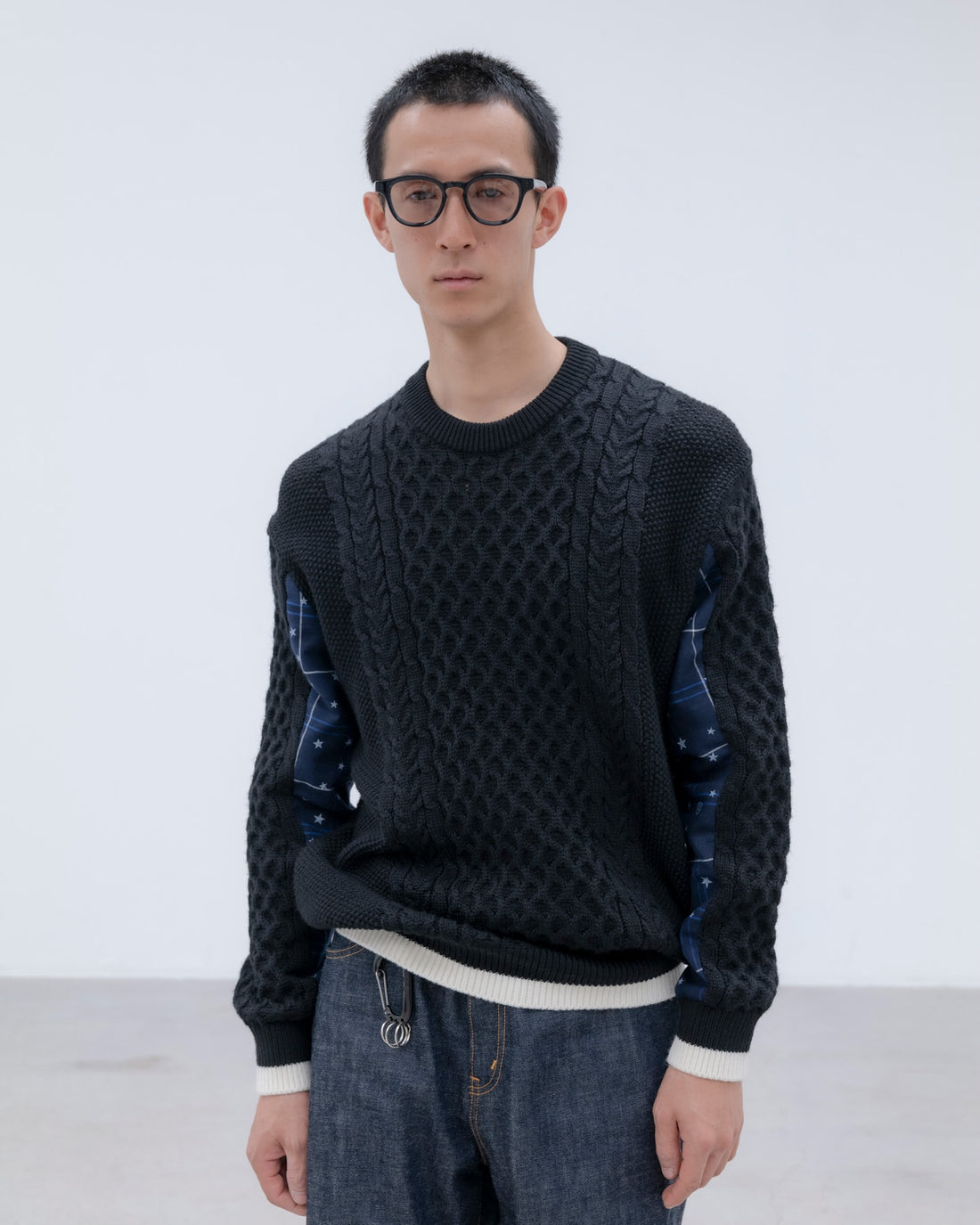[uniform experiment]STAR PRINT CHECK PANELED CABLE KNIT(UE-262049)
